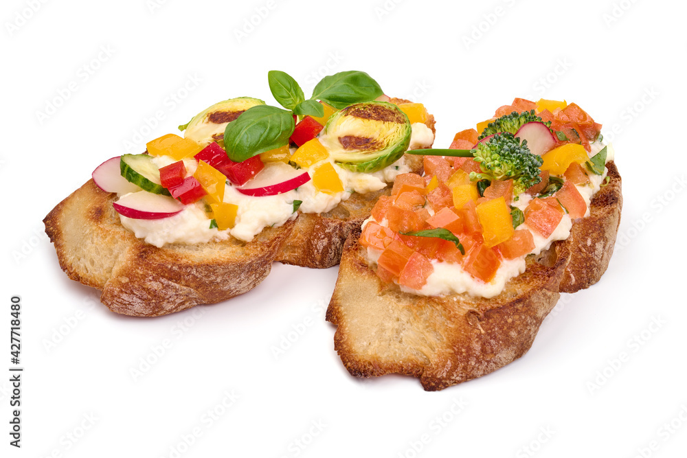 Italian bruschetta with mozzarella cheese, isolated on white background. High resolution image