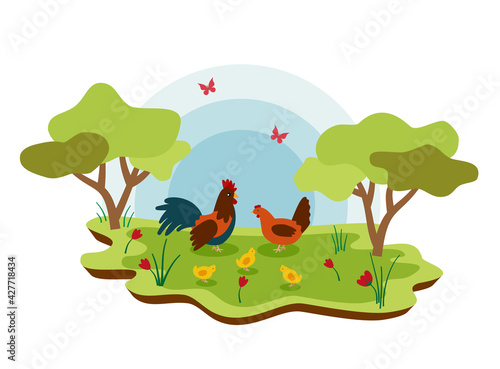 Cute farm animals chickens with spring landscape. vector cartoon illustration