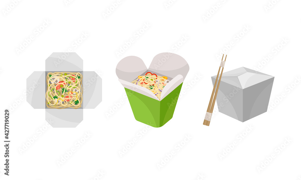 Open Cardboard Box with Chopsticks and Chinese Udon Noodle Vector Set Open Cardboard Box with Chopsticks and Chinese Udon Noodle Vector Set