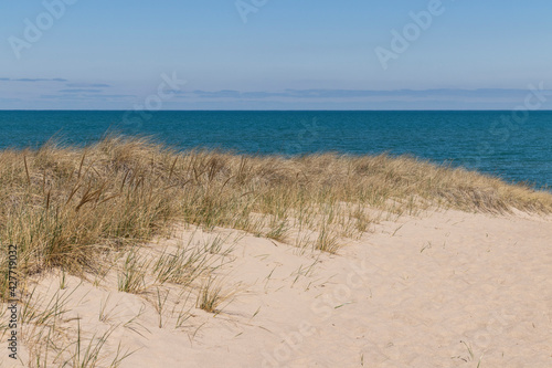 Beautiful scene of sand dunes covered with beach grass overlooking Lake Michigan with blue water and blue skies. Clouds in the distance have a faint pink hue.
