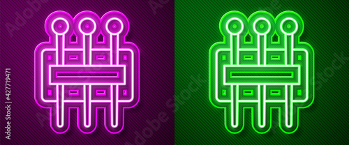 Glowing neon line Needle for sewing icon isolated on purple and green background. Tailor symbol. Textile sew up craft sign. Embroidery tool. Vector