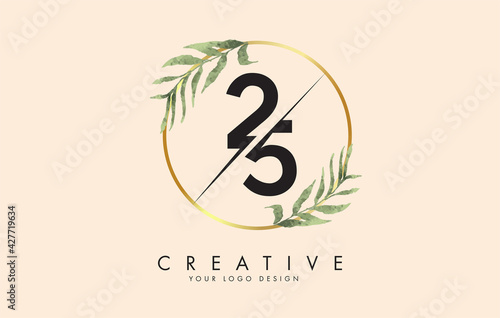 Number 25 2 5 logo design with golden circles and green leaves on branches around. Vector Illustration with numbers 2 and 5.
