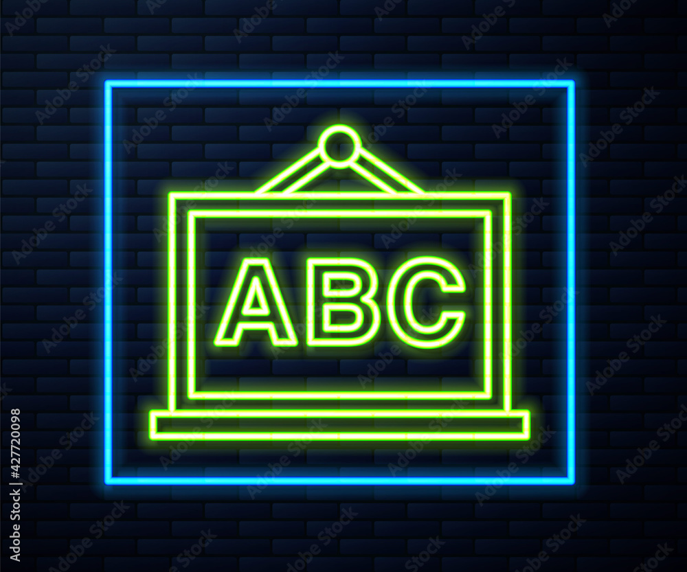 Glowing neon line Chalkboard icon isolated on brick wall background. School Blackboard sign. Vector Glowing neon line Chalkboard icon isolated on brick wall background. School Blackboard sign. Vector