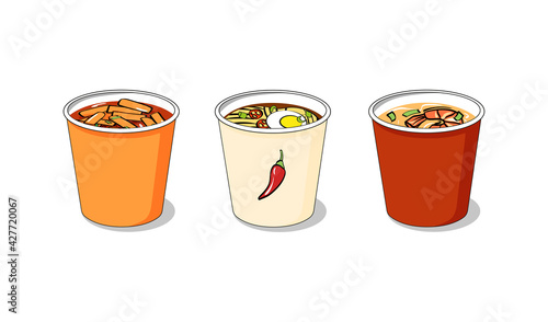 A set of traditional Korean dishes in instant takeaway cups - tteokbokki, ramen, spicy shrimp soup. Popular asian food in flat cartoon style on isolated white background for icons, logos, menus