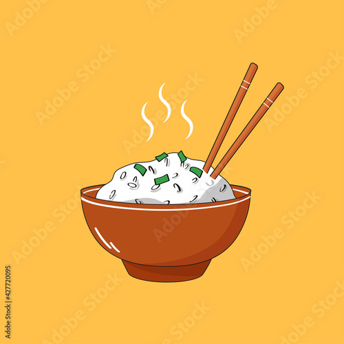Hot steamed rice in brown bowl with chopsticks isolated on yellow background. Vector cartoon illustration for menu, icons