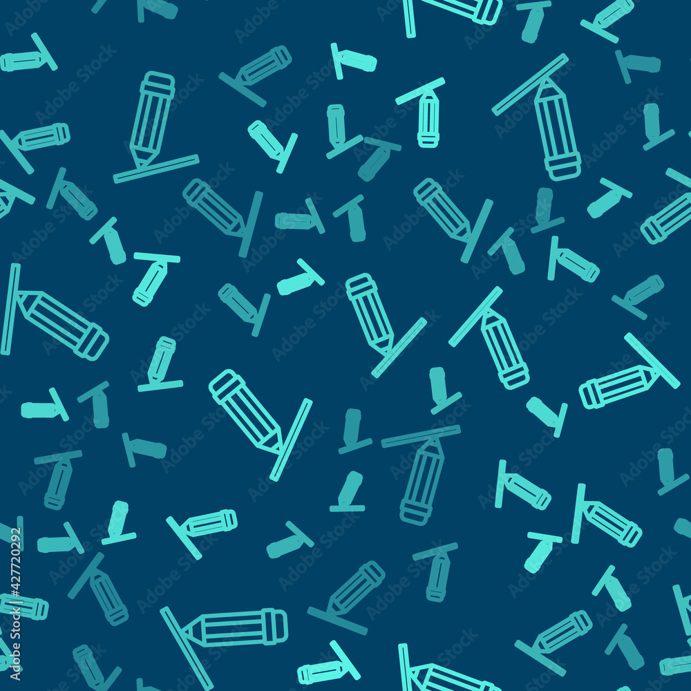 Green line Pencil with eraser icon isolated seamless pattern on blue background. Drawing and educational tools. School office symbol. Vector Green line Pencil with eraser icon isolated seamless pattern on blue background. Drawing and educational tools. School office symbol. Vector