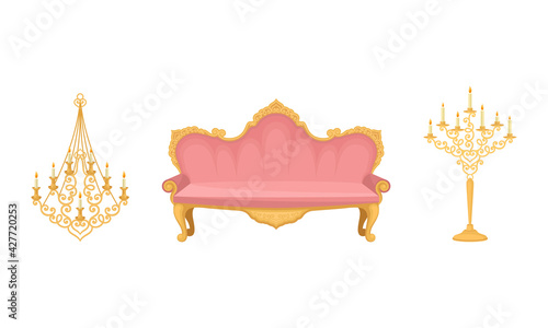 Vintage Furniture and Interior Design with Upholstered Sofa and Chandelier Vector Set