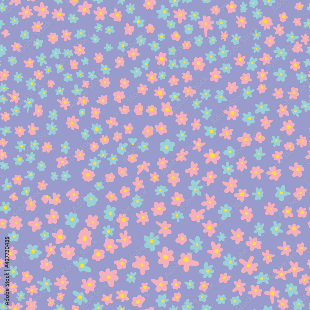 Ditsy daisy vector random placed seamless repeat pattern. Cute floral all over Print with lilac background.