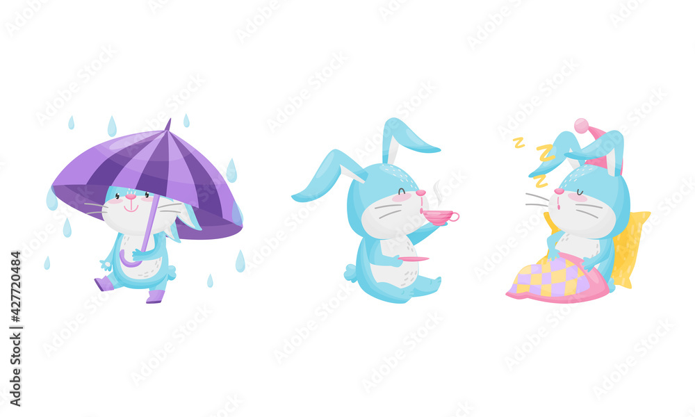 Cute Rabbit with Long Ears Sleeping, Drinking Tea and Walking Under Umbrella Vector Set