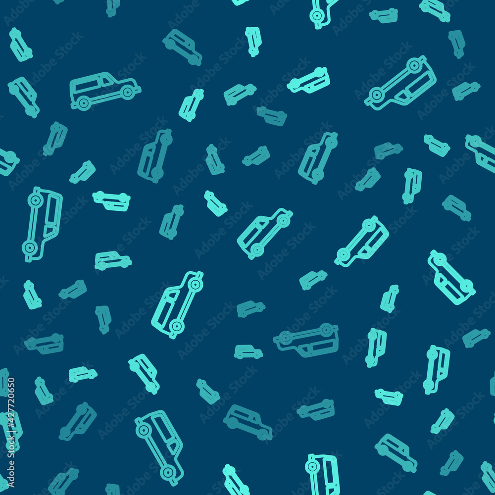 Green line Hearse car icon isolated seamless pattern on blue background. Vector Green line Hearse car icon isolated seamless pattern on blue background. Vector