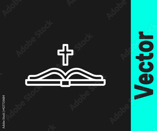 White line Holy bible book icon isolated on black background. Vector