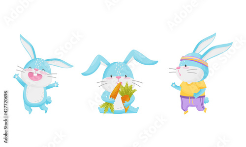 Cute Rabbit with Long Ears Jumping with Joy, Running and Eating Carrot Vector Set
