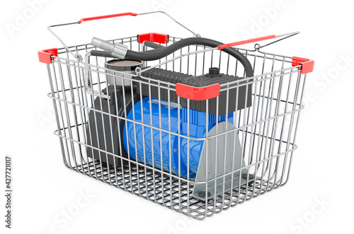 Shopping basket with car air compressor. 3D rendering