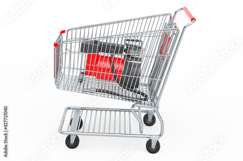 Shopping cart with car air compressor. 3D rendering