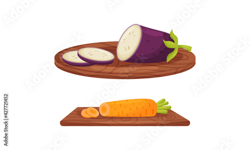 Ripe and Juicy Sliced Eggplant and Carrot Rested on Cutting Board Vector Set