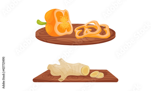 Ripe and Juicy Sliced Pepper and Ginger Rested on Cutting Board Vector Set