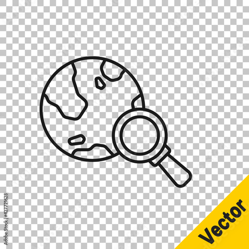 Black line Magnifying glass with globe icon isolated on transparent background. Analyzing the world. Global search sign. Vector