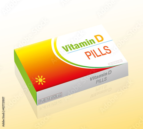 Vitamin D pills, as a supplement to healthy diet, medical dummy packet with tablets that prevent vitamin D deficiency. Vector illustration on white background.
