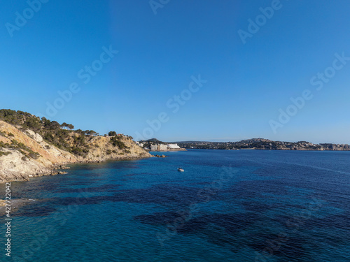 seacoast of mallorca with beaturiful view of the sea with crystalclear water. Sea view of turquoise colour. Concept of summer, travel, relax and enjoy