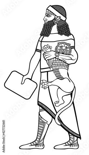 The Babylonian. The image is in the style of Babylonian relief. A Sumerian ruler with a cat and a clay tablet.