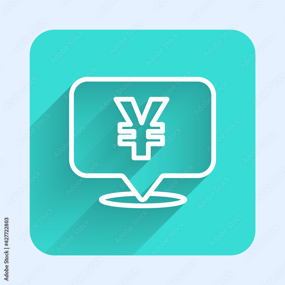 Obraz premium White line Chinese Yuan currency symbol icon isolated with long shadow. Coin money. Banking currency sign. Cash symbol. Green square button. Vector