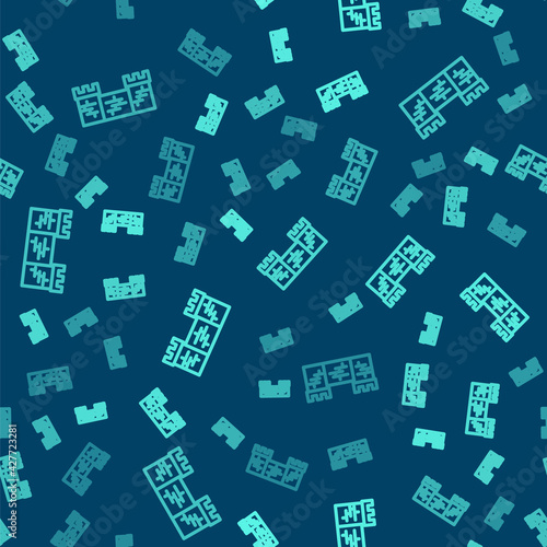 Green line Great wall of China icon isolated seamless pattern on blue background. Vector