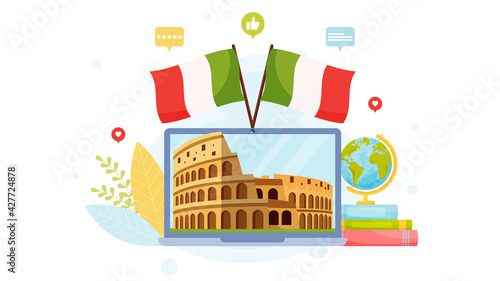 Italy language center. Online school concept. Flat design, vector illustration.