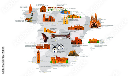 Spain historical and touristic places. 26 different layers. Vector images. Spanish and English information