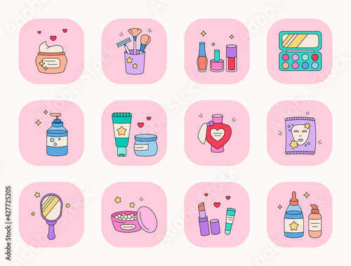 Doodle face care and decorative cosmetics set. Cute cartoon beauty cosmetic stuff icons with pink background. Icons of skin care, cream jar, cleanser, tube, palette, facial mask and powder. 