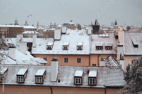 view of a snow covered rooftops of old prague after unexpected spring snowstorm with some birds flying in the background