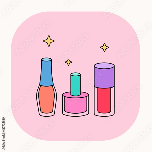 Doodle nail polish illustration. Cute cartoon makeup nail polis and glitter set icon with pink background.