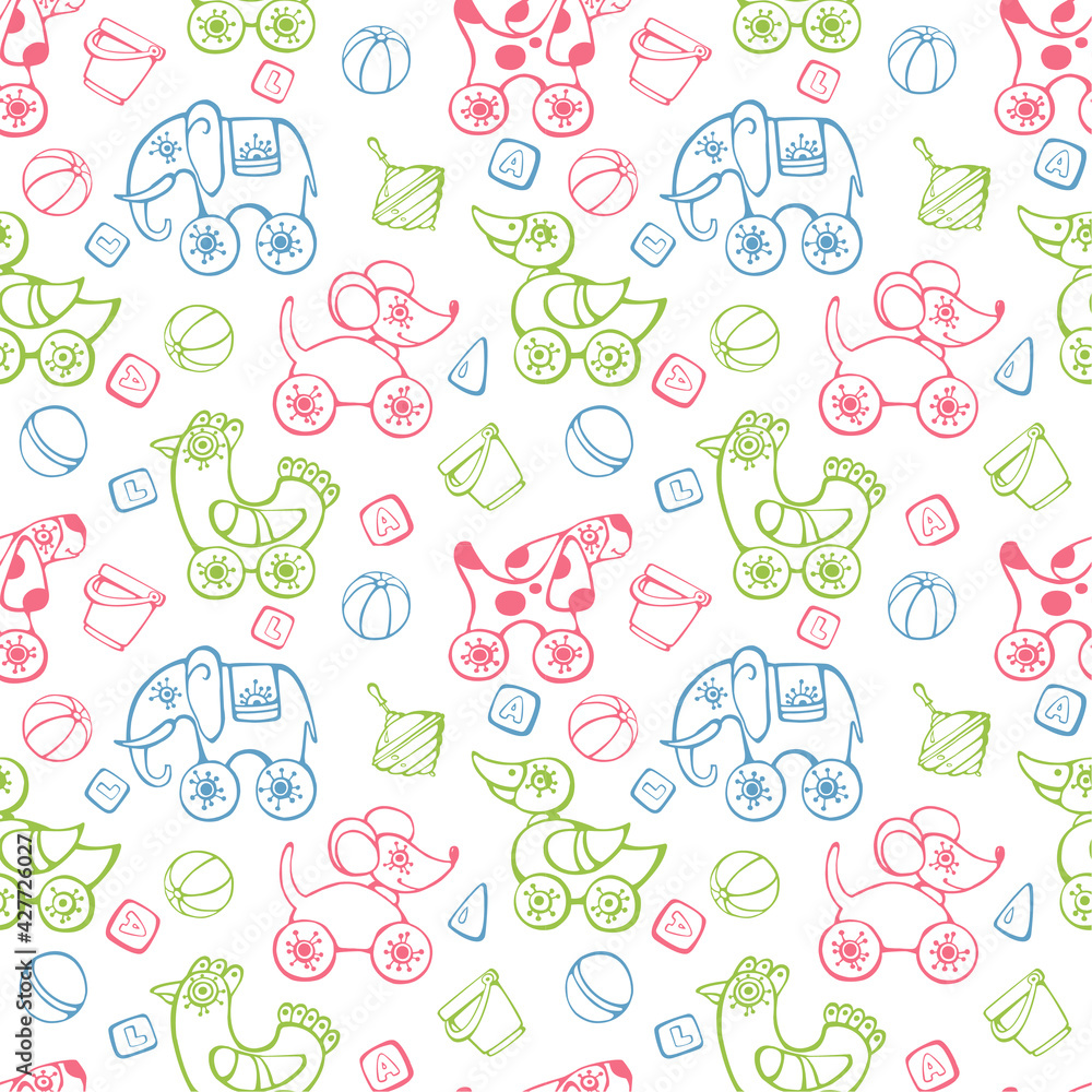 Children's pattern. Different cute toys on a white background.