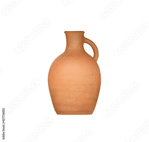 Wine pottery jar or other drink storage vessel with handle isolated on white background