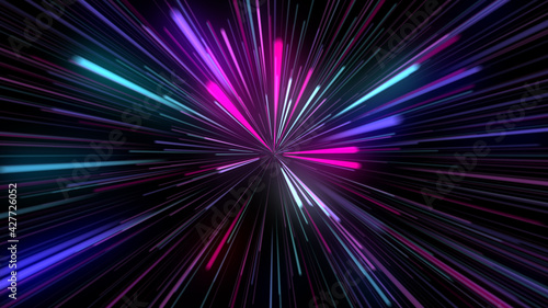 Fototapeta Naklejka Na Ścianę i Meble -  Abstract tunnel from digital neon lights on dark background. Futuristic sparkling lines of purple green and pink colors. Technology and cyber glow concept with copy space