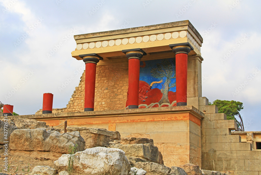 West Bastion with bull fresco in The Palace of Knossos on Crete in Greece near Heraklion is called Europe’s oldest city and the ceremonial and political center of the Minoan civilization.  