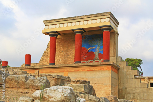 West Bastion with bull fresco in The Palace of Knossos on Crete in Greece near Heraklion is called Europe’s oldest city and the ceremonial and political center of the Minoan civilization. 