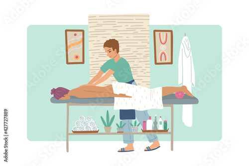 Masseur man doing massage to the girl, massage table and cabinet in the spa beauty salon. Vector illustration