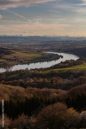 El rio Danubio al atardecer en la region de baja Austria, cerca de Melk photo