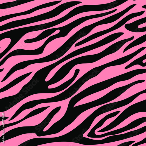 Abstract pink black color zebra skin in vector. Textured seamless background. Colorful bright animal skin striped texture. Printing on textiles, wallpaper, packaging 