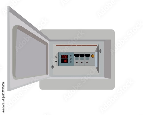 Isometric electrical panel with fuses and contactors. Voltage relay. Electrical fuse. Vector illustration.