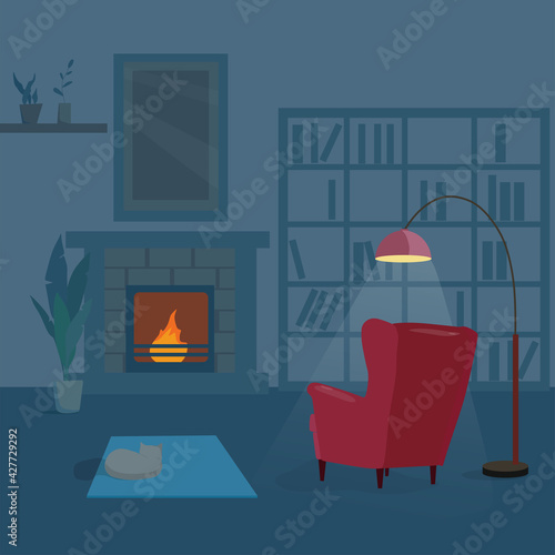 Living room interior with a red cozy chair and a fireplace in the evening. Cartoon vector illustration.