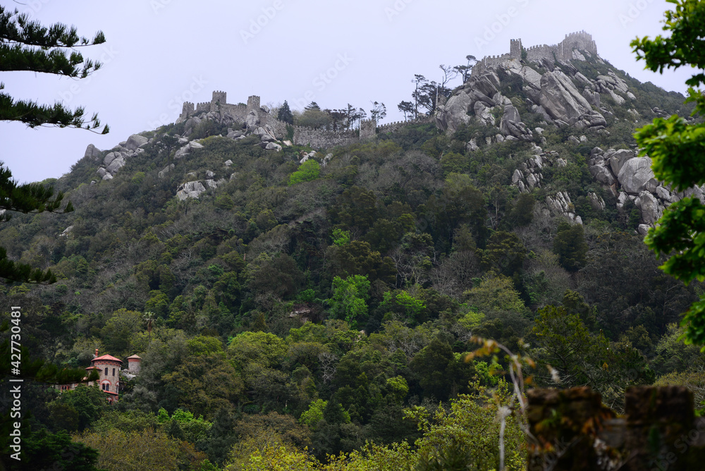 View of the Castelo dos Mouros walls from the Quinta da Regaleira, Sintra, Portugal