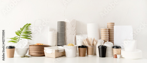 Eco friendly disposable tableware and eating utensils on table