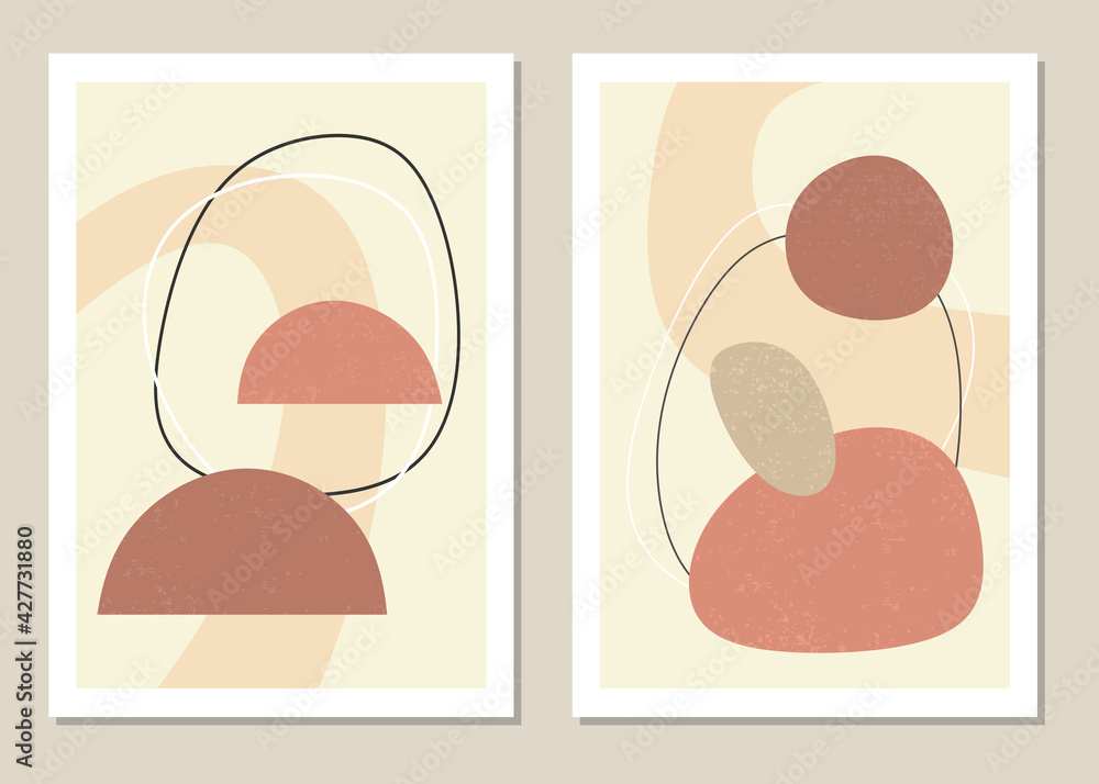 Wall art with abstract shapes and figures in trendy colors. Vector illustration.