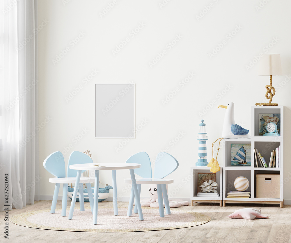 Fototapeta premium blank poster frame in Bright children's room with kids table and shelves near window, kids furniture, 3d rendering
