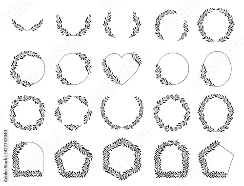 Set of 20 laurel black wreaths. Leaves and branches in the semicircular form. Wreaths for depicting an award, heraldic, achievement, victory. Hand drawn vector illustration for design.