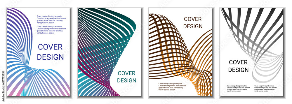 A set of 4 abstract covers. Wavy parallel gradient lines, ribbons evolve. Cover design, background. Trendy banner, poster. A set of 4 abstract covers. Wavy parallel gradient lines, ribbons evolve. Cover design, background. Trendy banner, poster.