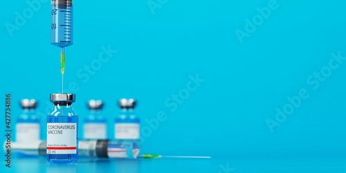 Ampoule glass with coronavirus vaccine. Ampoule and syringe with a needle on a blue background. Coronavirus vaccine with syringe on a blue background. 3D concept. 3D illustration