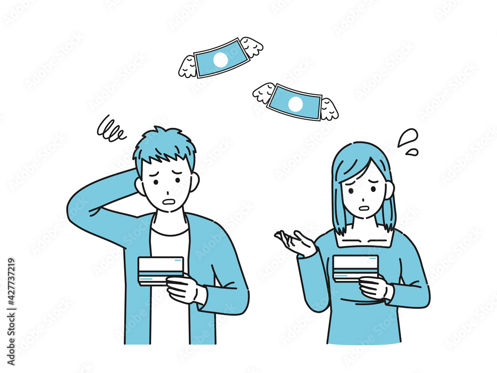 通帳を見て困る　若い男女　大学生　金欠　支払い　貯金　イラスト素材