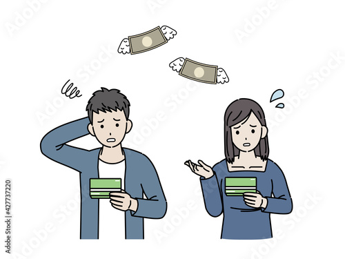 通帳を見て困る　若い男女　大学生　金欠　支払い　貯金　イラスト素材